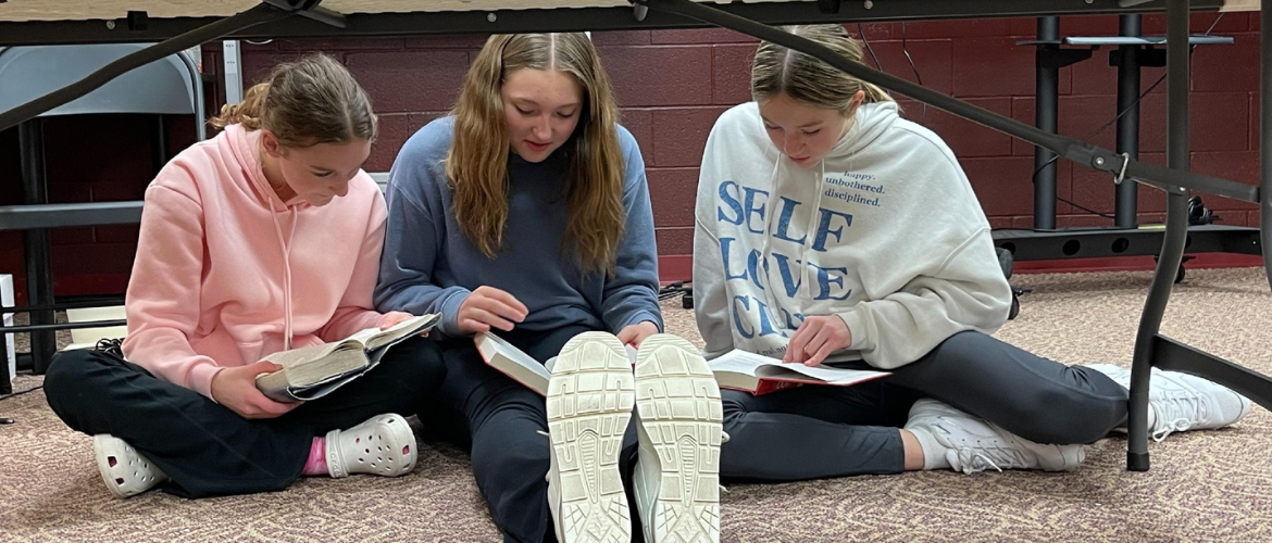 Students reading together in library